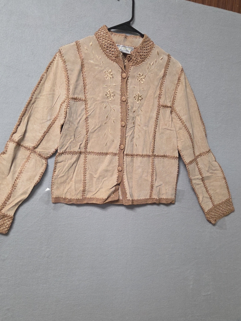 Women's S.M.H. Boutique Leather Jacket Size S Beige Tan Embroidered.